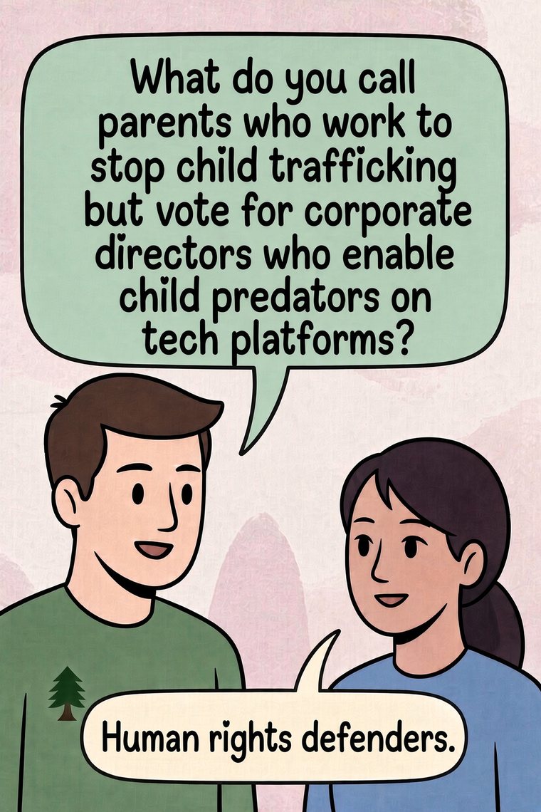 Two people talking. What do you call parents who work to stop child trafficking but vote for corporate directors who enable child predators on tech platforms? Human rights defenders.